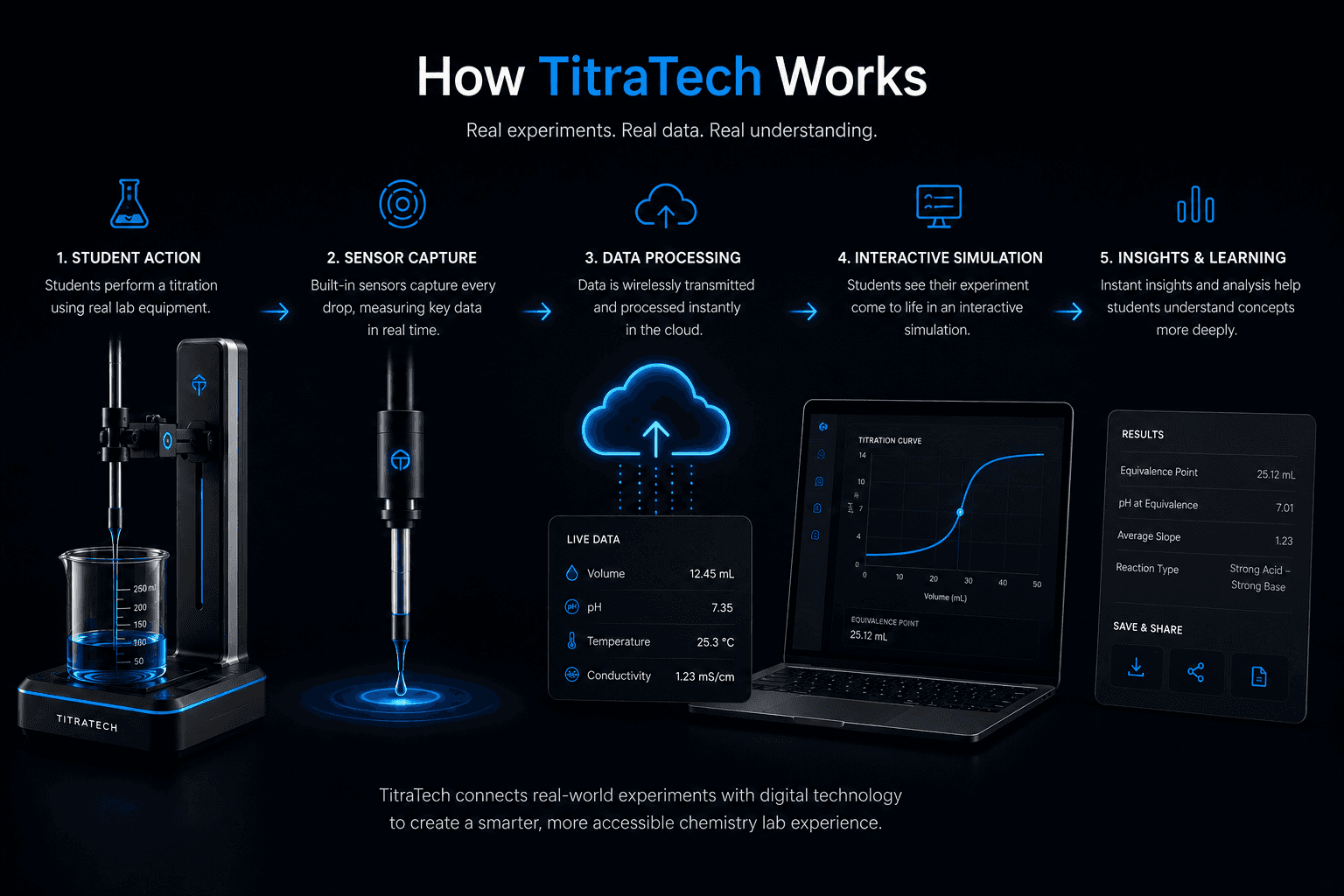 How TitraTech works across student action, sensing, data, simulation, and learning